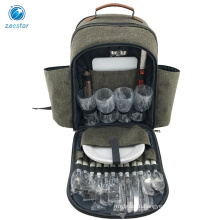 Insulated Picnic Backpack Bag for 4 Persons with Cooler Compartment Tableware Set